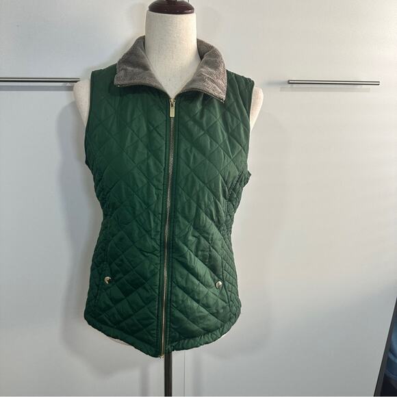 Laura Scott Size S Puffer Vest Green Quilted Taupe Faux Fur Outdoors Cozy Layer - Picture 1 of 11